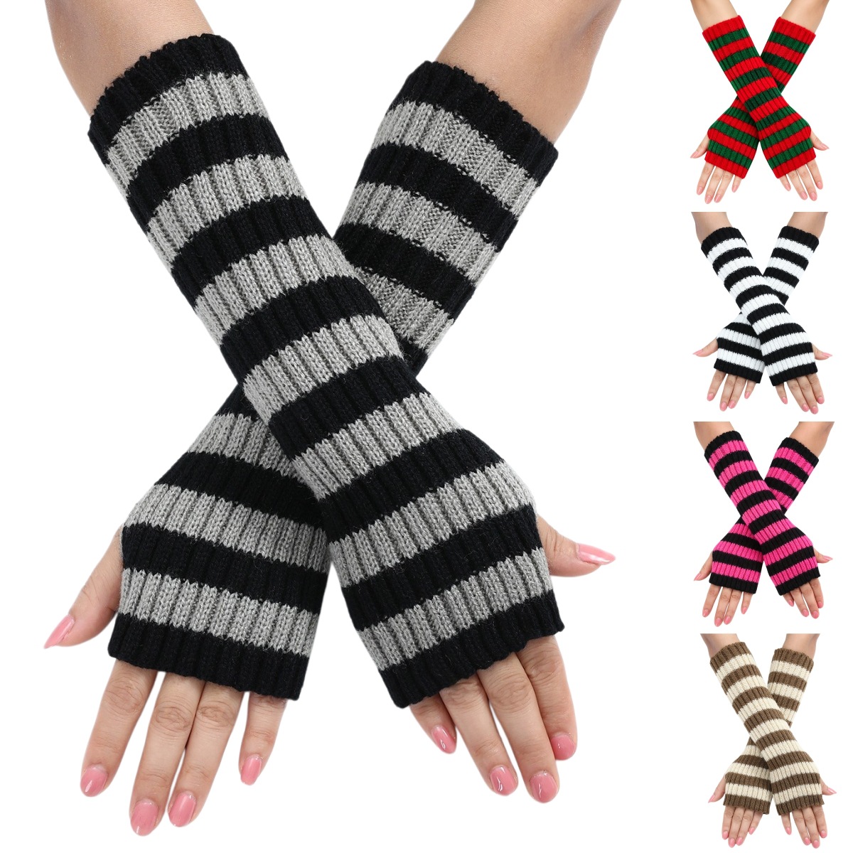 Fingerless Glove Knit - Y2K Striped Fingerless Arm Warmers Women