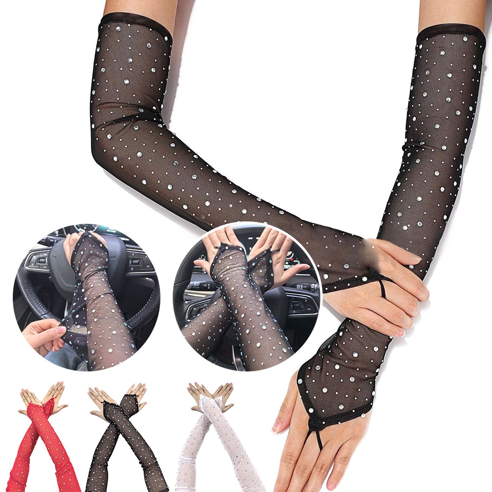 1 Pair Shiny Rhinestone Mesh G - Fingerless Glove Knit 评论和价格